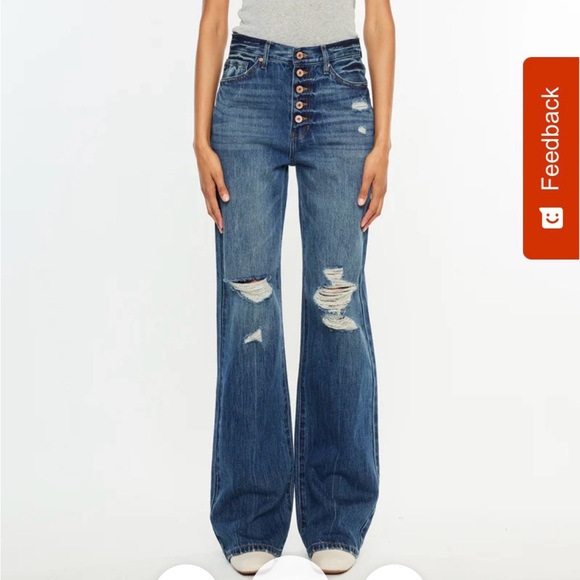 KanCan Dark Blue Distressed 90’s Flare Jeans - Picture 1 of 7